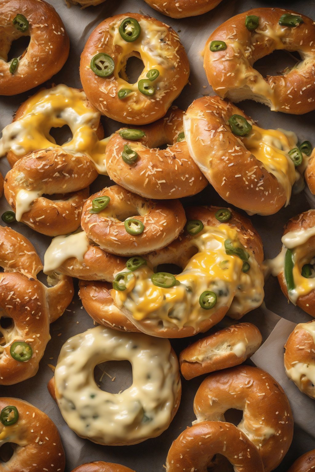 A high-resolution photo of jalapeño cheddar bagels oozing cheese under soft lighting.