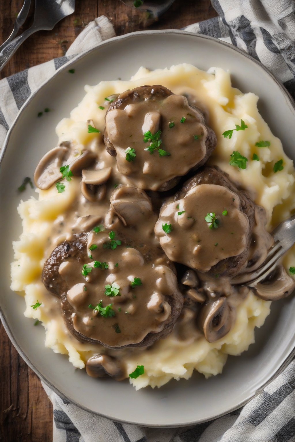A high-resolution photo of classic Salisbury steak patties smothered in creamy mushroom gravy over mashed potatoes under soft lighting.
