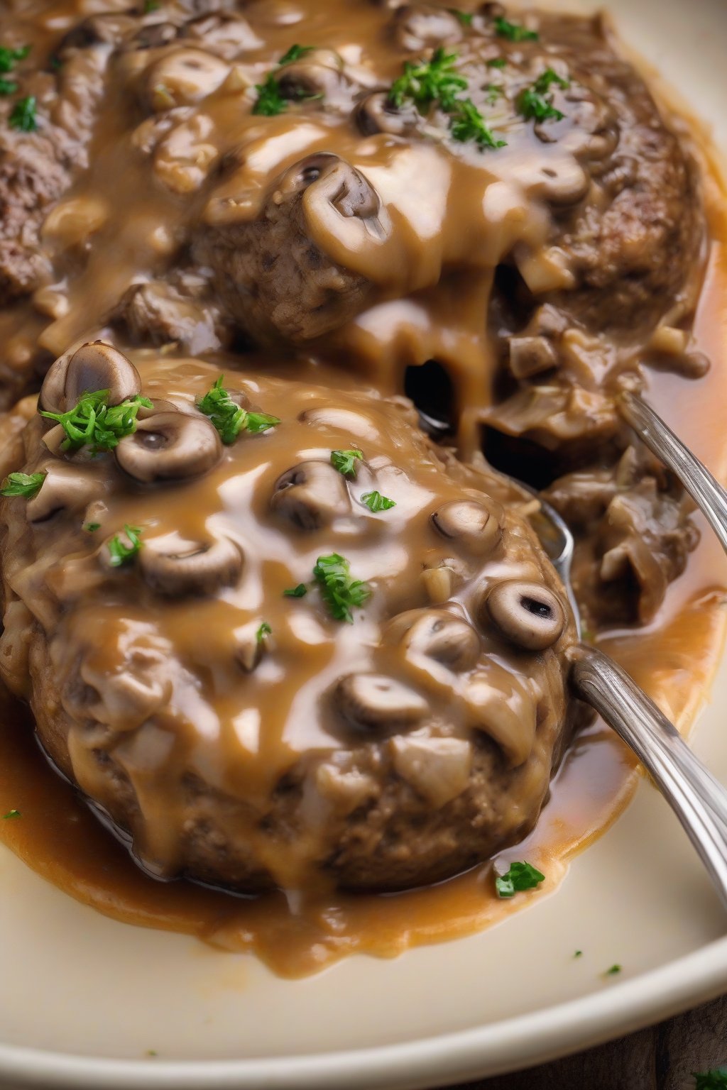A high-resolution close-up photo of cheesy stuffed Salisbury steak oozing cheese under thick mushroom gravy under soft lighting.