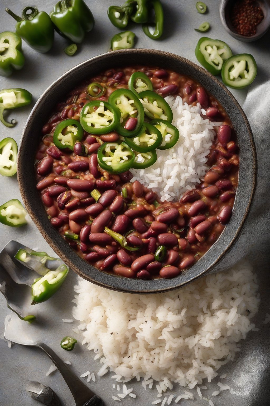A high-resolution photo of spicy Cajun red beans and rice with sliced jalapeños on top, steam rising from a deep bowl next to rice, under soft lighting.