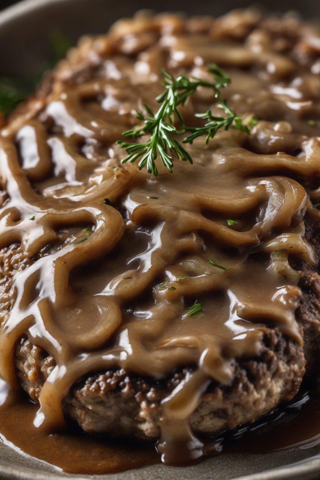 A high-resolution close-up photo of onion-ring crusted Salisbury steak drizzled in mushroom gravy under soft lighting.