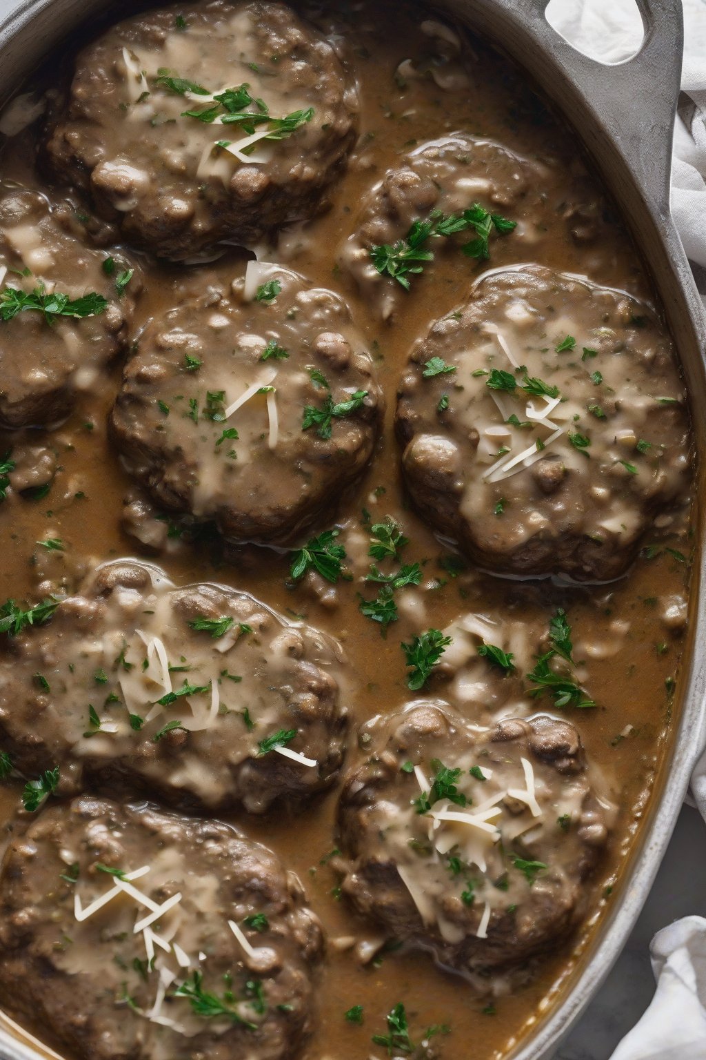 A high-resolution photo of Italian Salisbury steak patties in herbed mushroom gravy with Parmesan sprinkle under soft lighting.