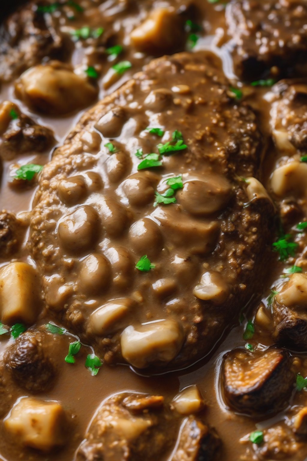 A high-resolution close-up photo of spicy Cajun Salisbury steak swimming in mushroom gravy under soft lighting.