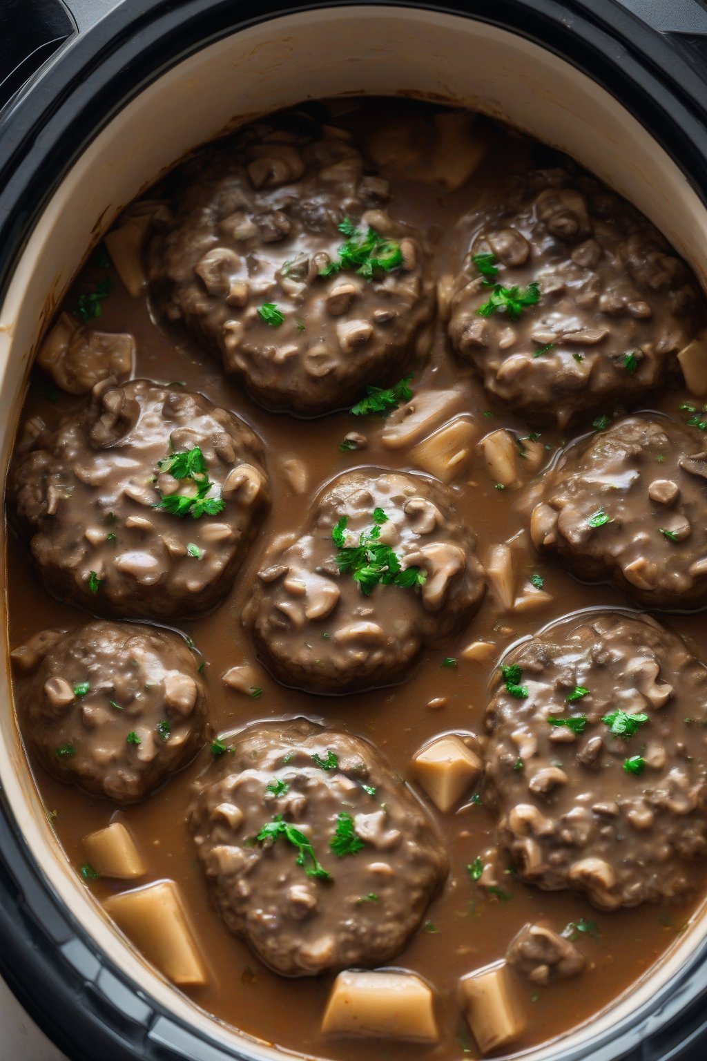 A high-resolution photo of slow-cooked Salisbury steak in thick mushroom gravy inside a crockpot under soft lighting.
