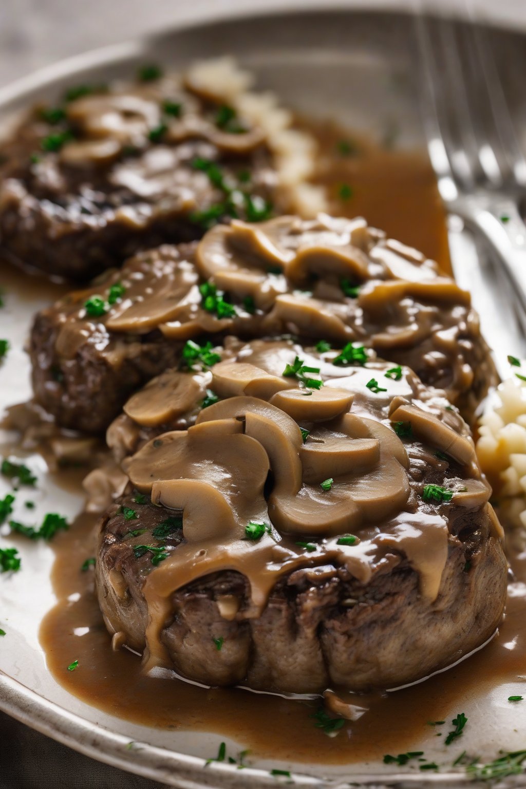A high-resolution photo of veggie-stuffed Salisbury steak sliced open with mushroom gravy under soft lighting.