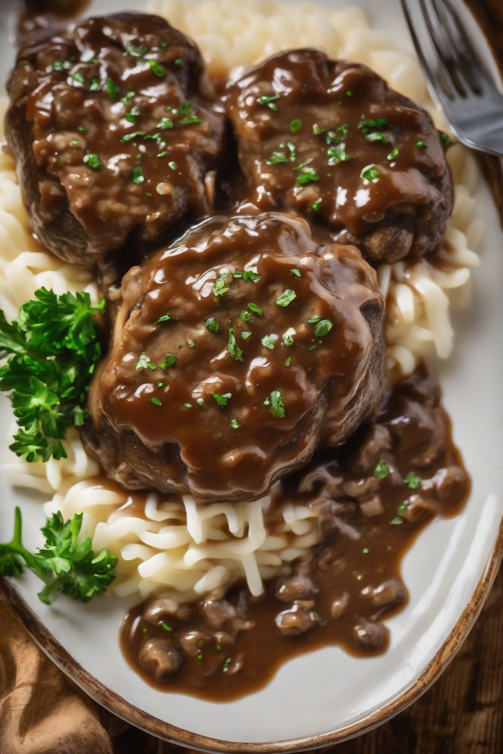 A high-resolution close-up photo of BBQ Salisbury steak glazed in tangy mushroom gravy under soft lighting.