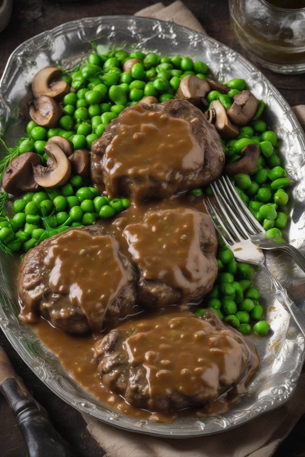 A high-resolution photo of retro Salisbury steak on a foil tray with peas and mushroom gravy under soft lighting.