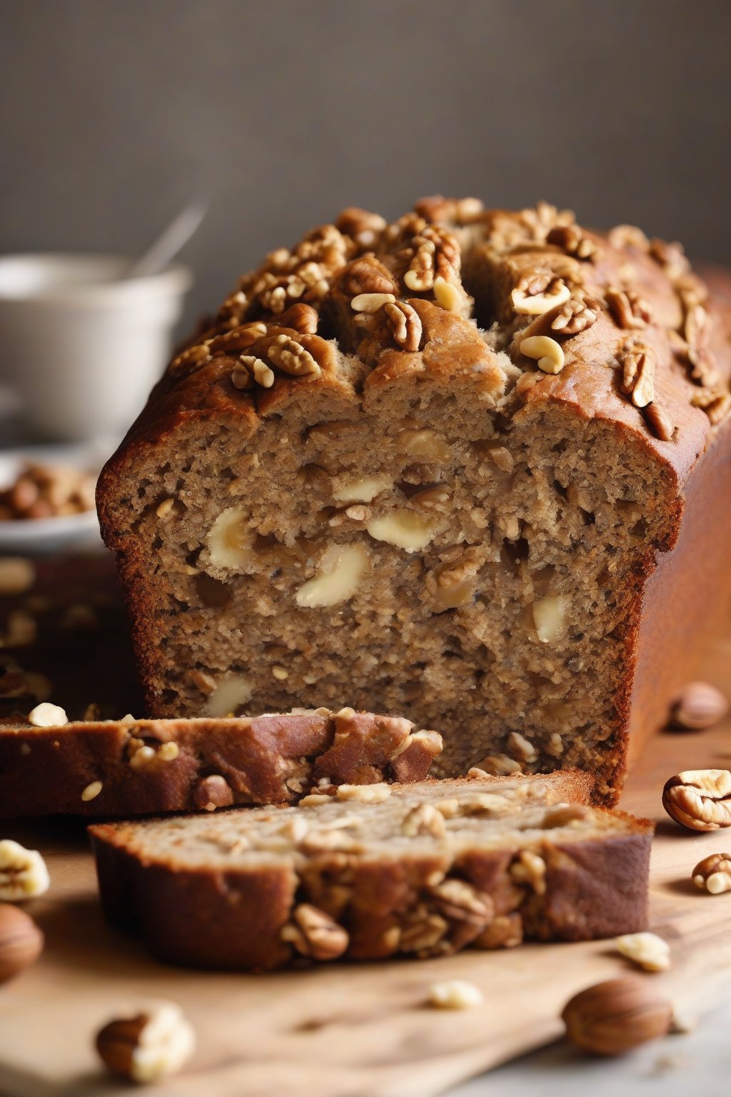 A high-resolution photo of a golden loaf of walnut banana nut bread sliced open to reveal chunky nuts, under soft lighting.