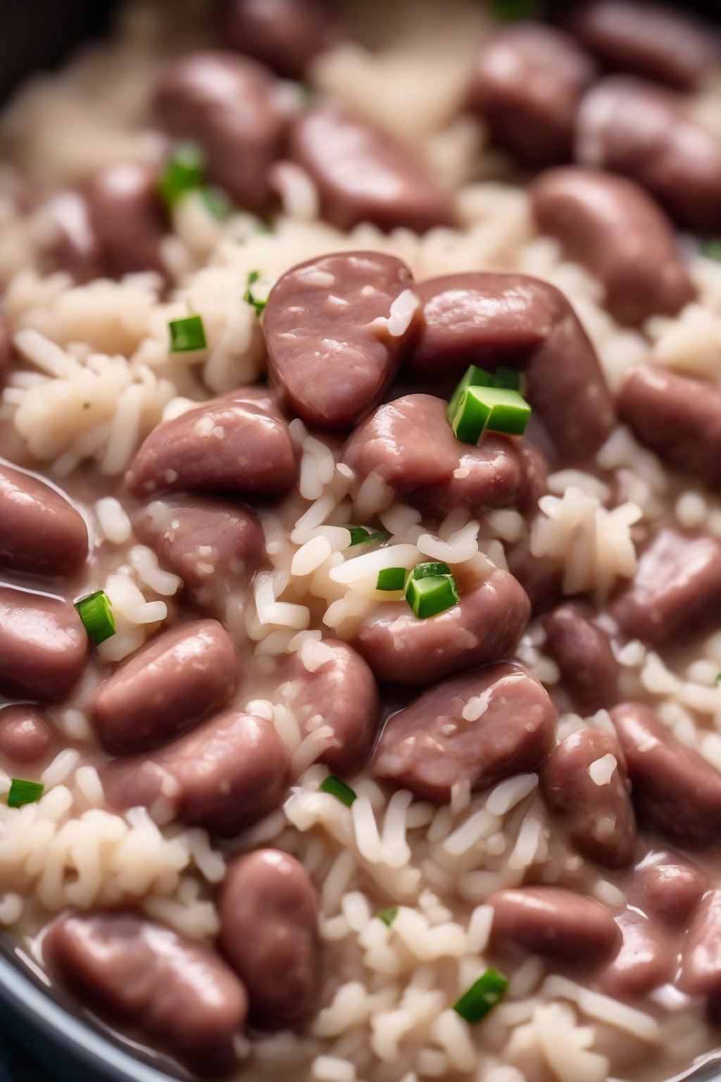 A high-resolution photo of slow cooker red beans and rice scooped into a bowl, showing creamy texture with sausage chunks, under soft lighting.