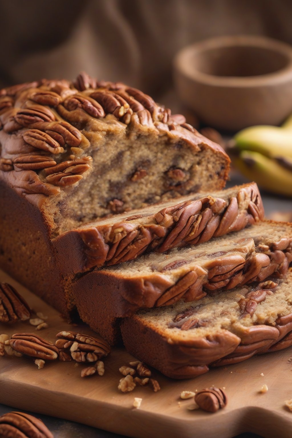 A high-resolution photo of pecan cinnamon swirl banana nut bread with visible cinnamon layers and nut flecks, under soft lighting.