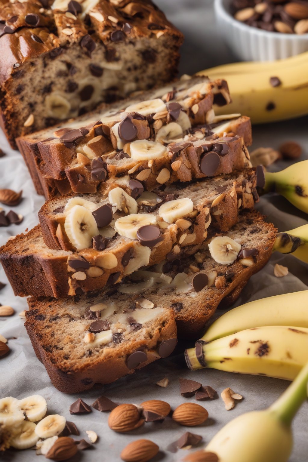 A high-resolution photo of sliced almond chocolate chip banana nut bread oozing melty chips amid nut slices, under soft lighting.
