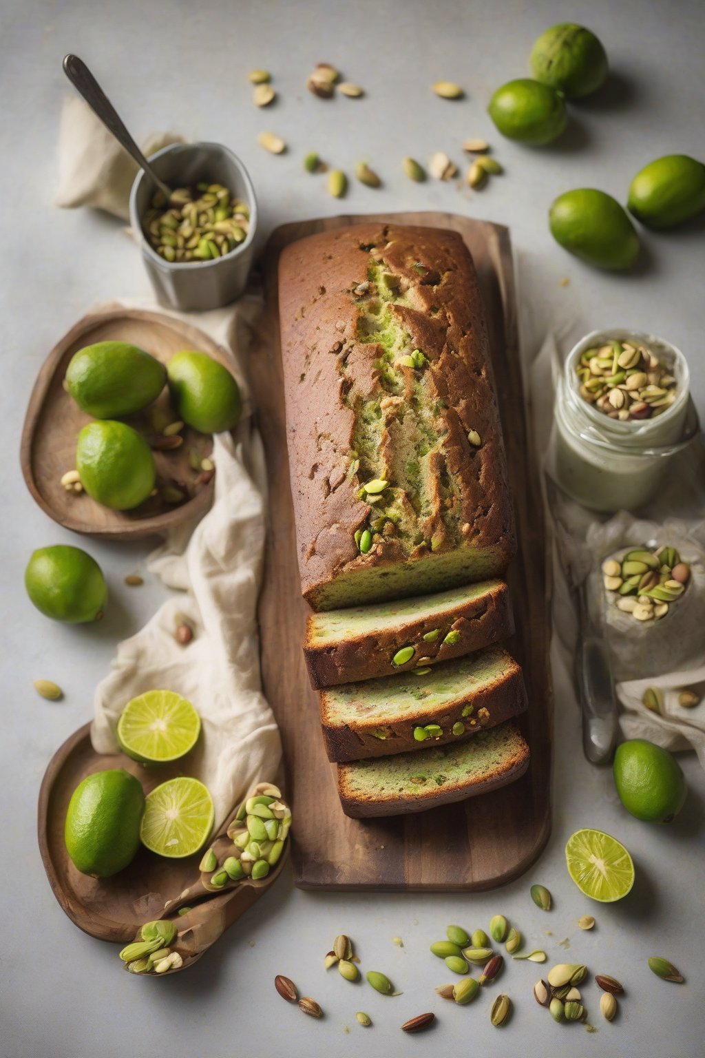 A high-resolution photo of pistachio lime banana nut bread with green nuts and citrus flecks in a bright loaf, under soft lighting.