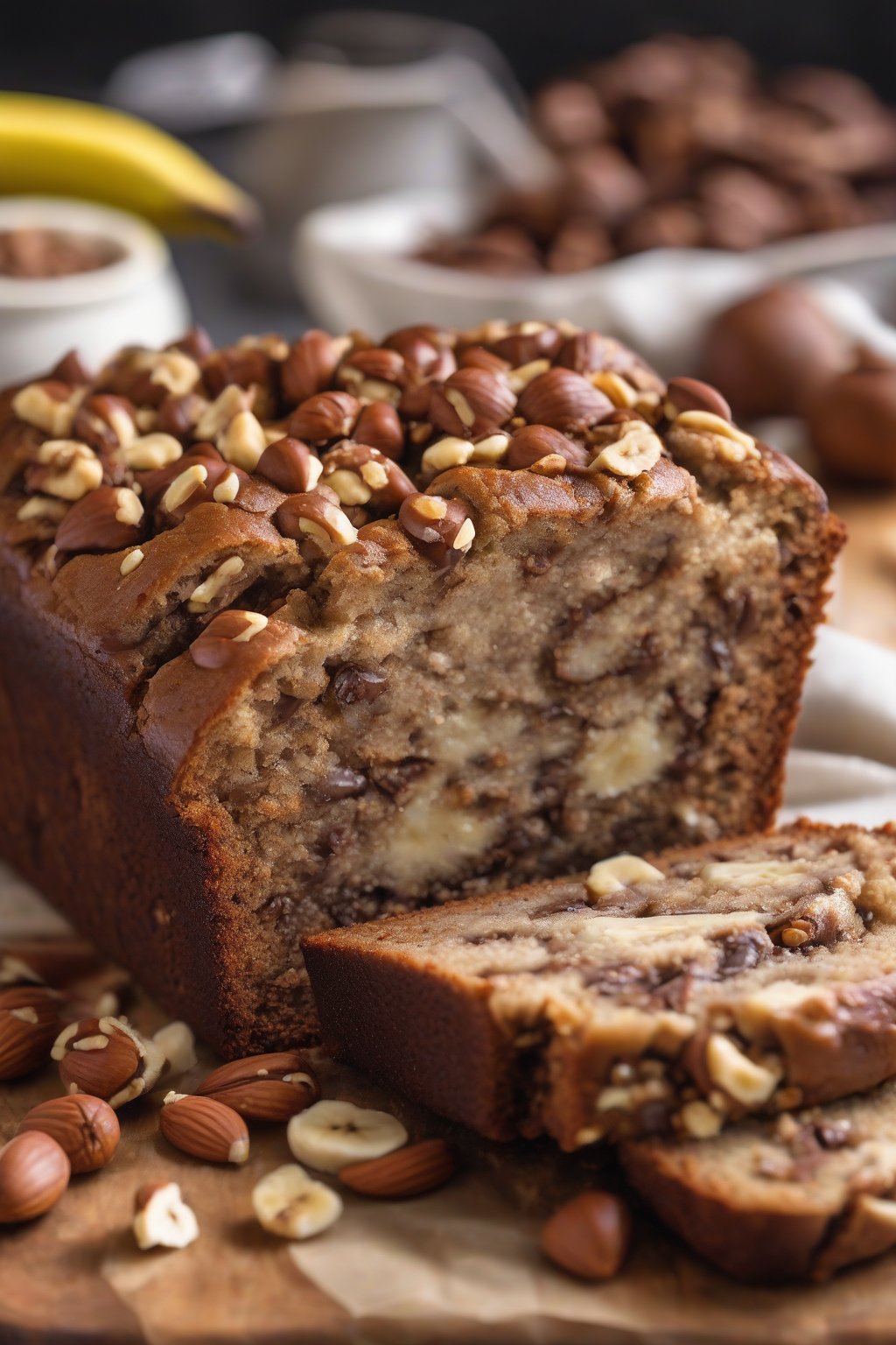 A high-resolution photo of hazelnut Nutella banana nut bread cut to show melty filling and toasted nuts, under soft lighting.