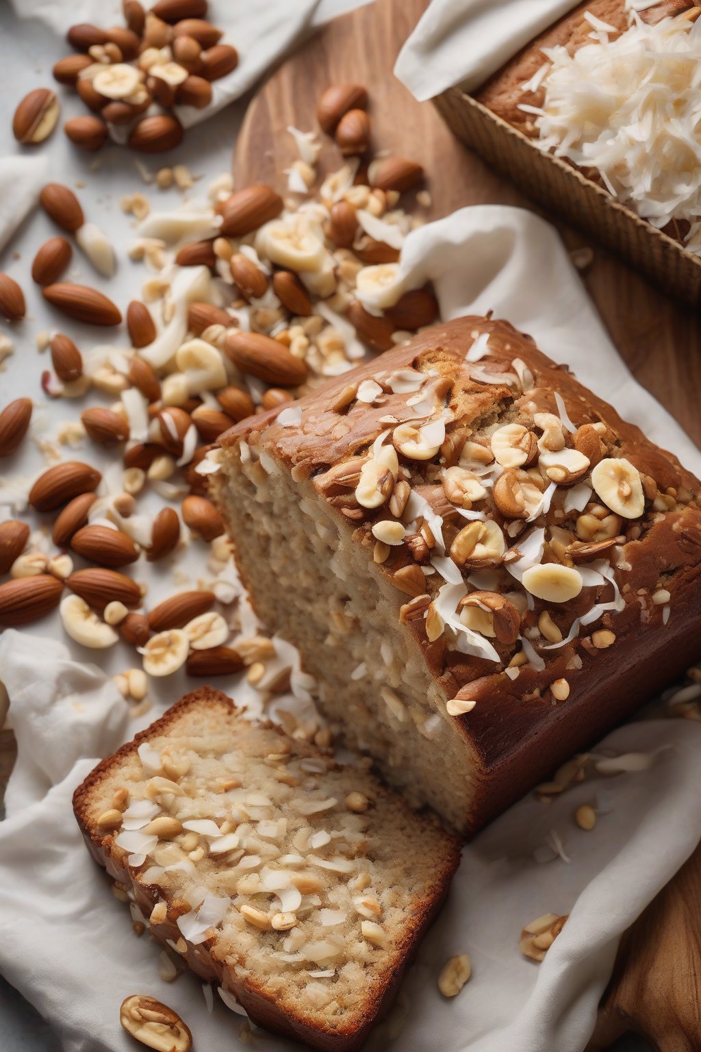 A high-resolution photo of macadamia coconut banana nut bread with white coconut shreds and creamy nuts, under soft lighting.