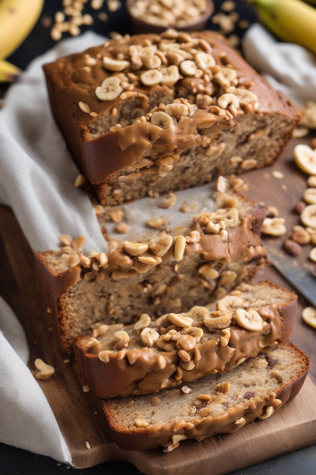A high-resolution photo of peanut butter banana nut bread loaded with crunchy peanut pieces in every slice, under soft lighting.