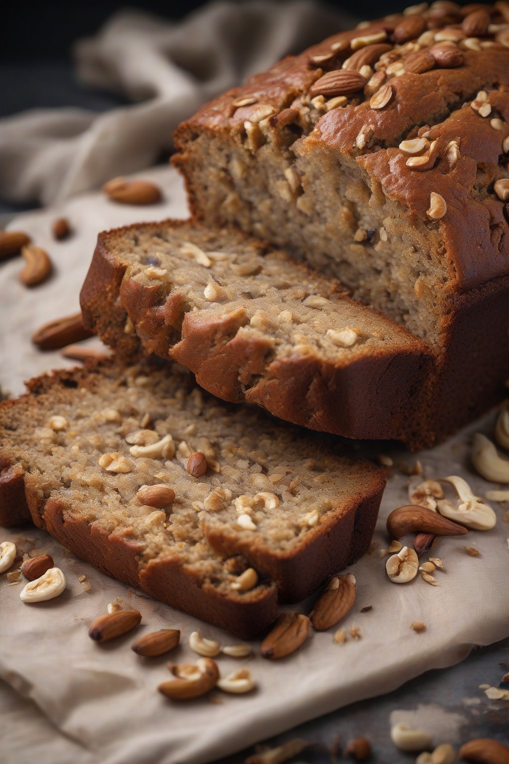 A high-resolution photo of cashew cardamom banana nut bread dusted with spice, showing glossy cashew bits, under soft lighting.