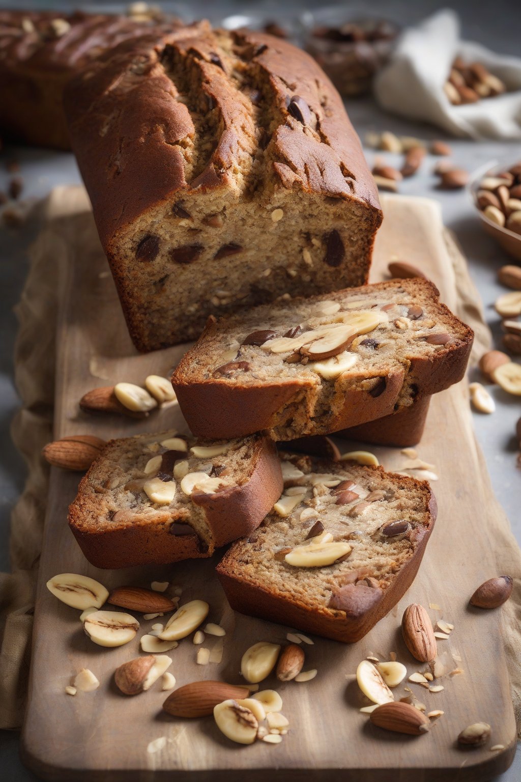 A high-resolution photo of Brazil nut banana nut bread with large nut chunks protruding from the loaf, under soft lighting.