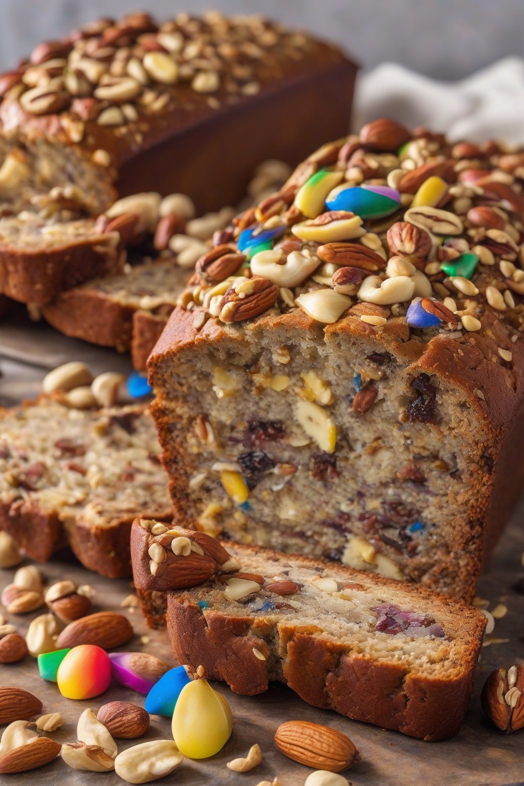 A high-resolution photo of mixed nut harvest banana nut bread sliced to showcase a rainbow of nuts, under soft lighting.