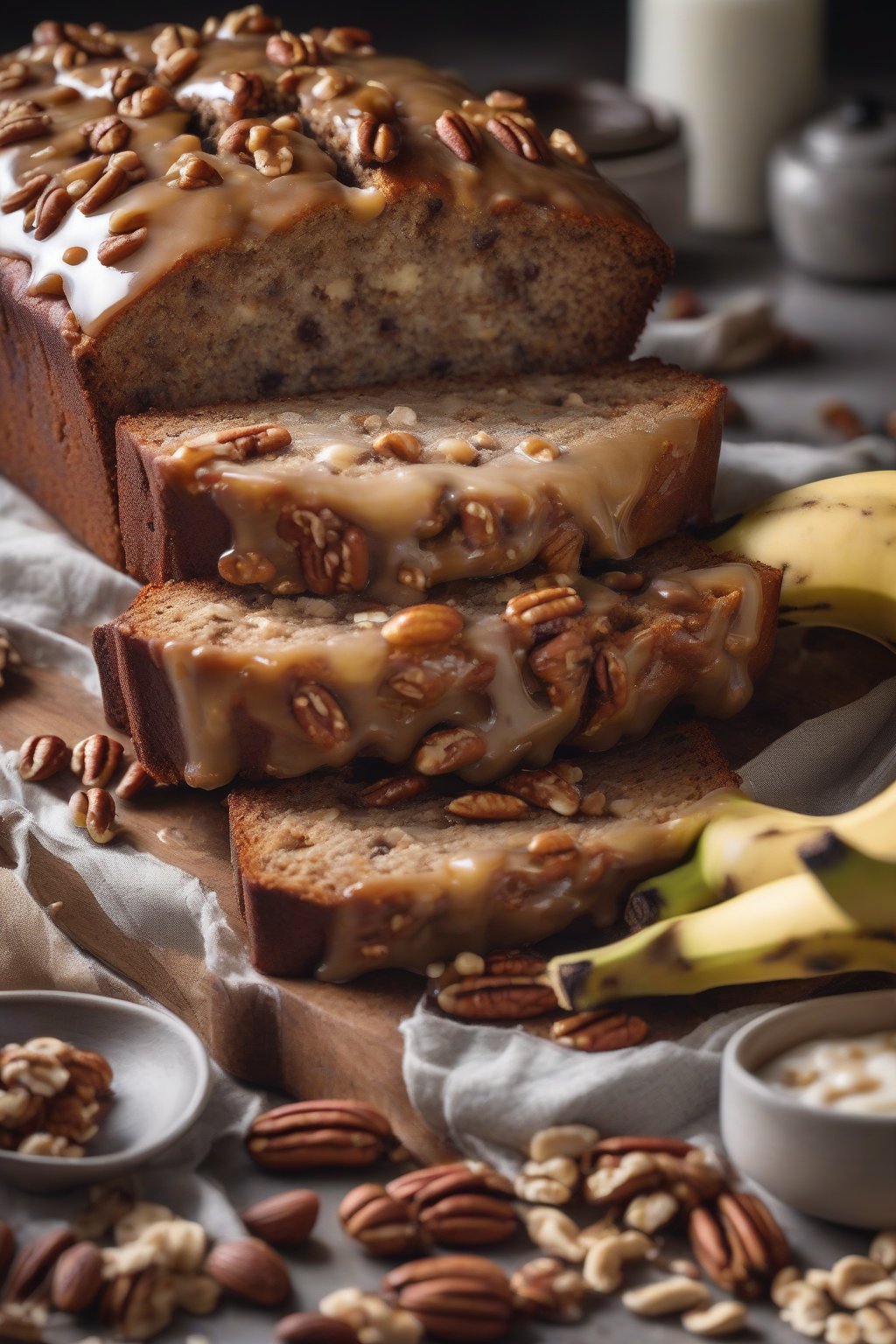 A high-resolution photo of pecan maple glazed banana nut bread dripping with shiny glaze and embedded nuts, under soft lighting.