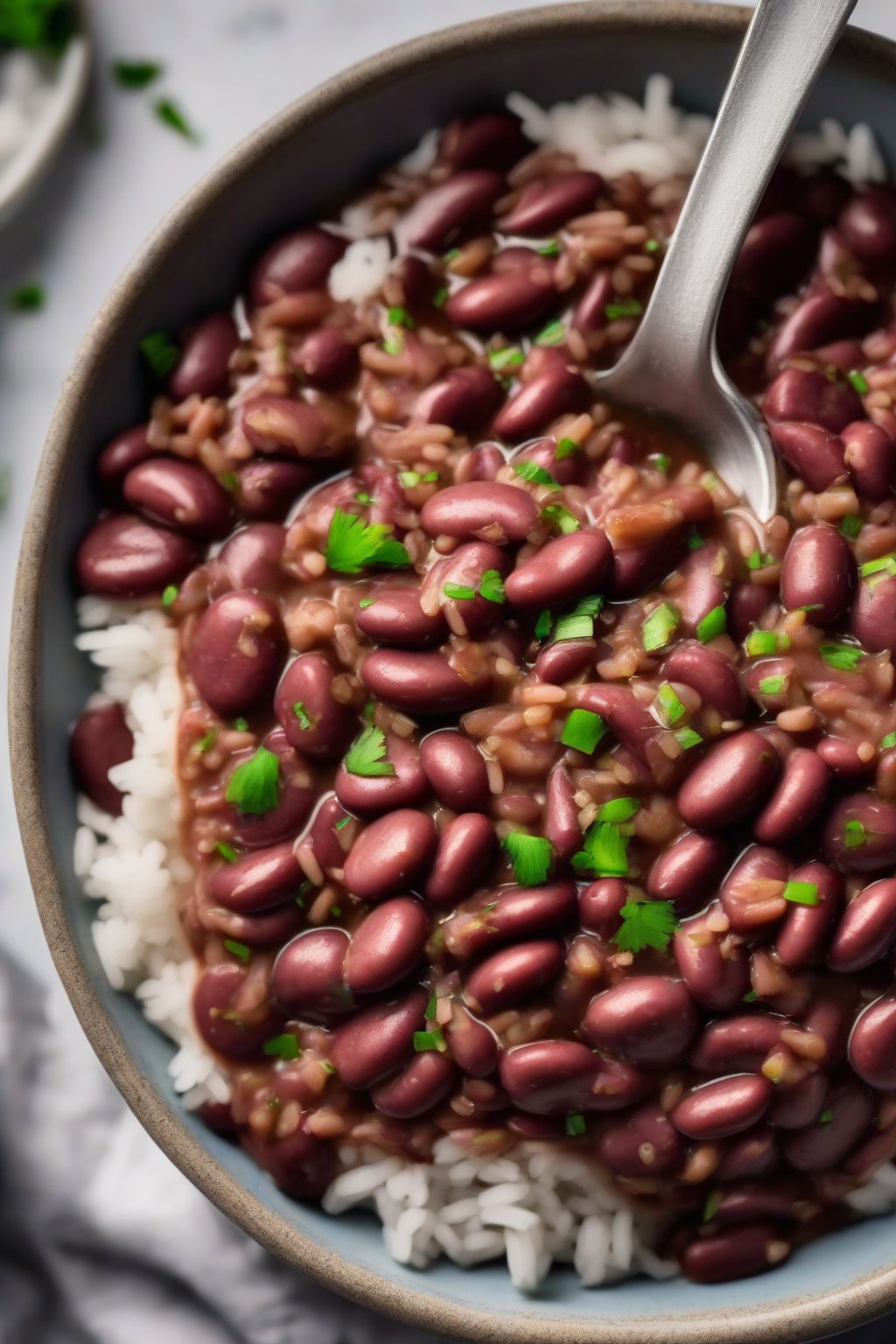 A high-resolution photo of Instant Pot red beans and rice in a modern bowl, glossy and saucy over rice, under soft lighting.