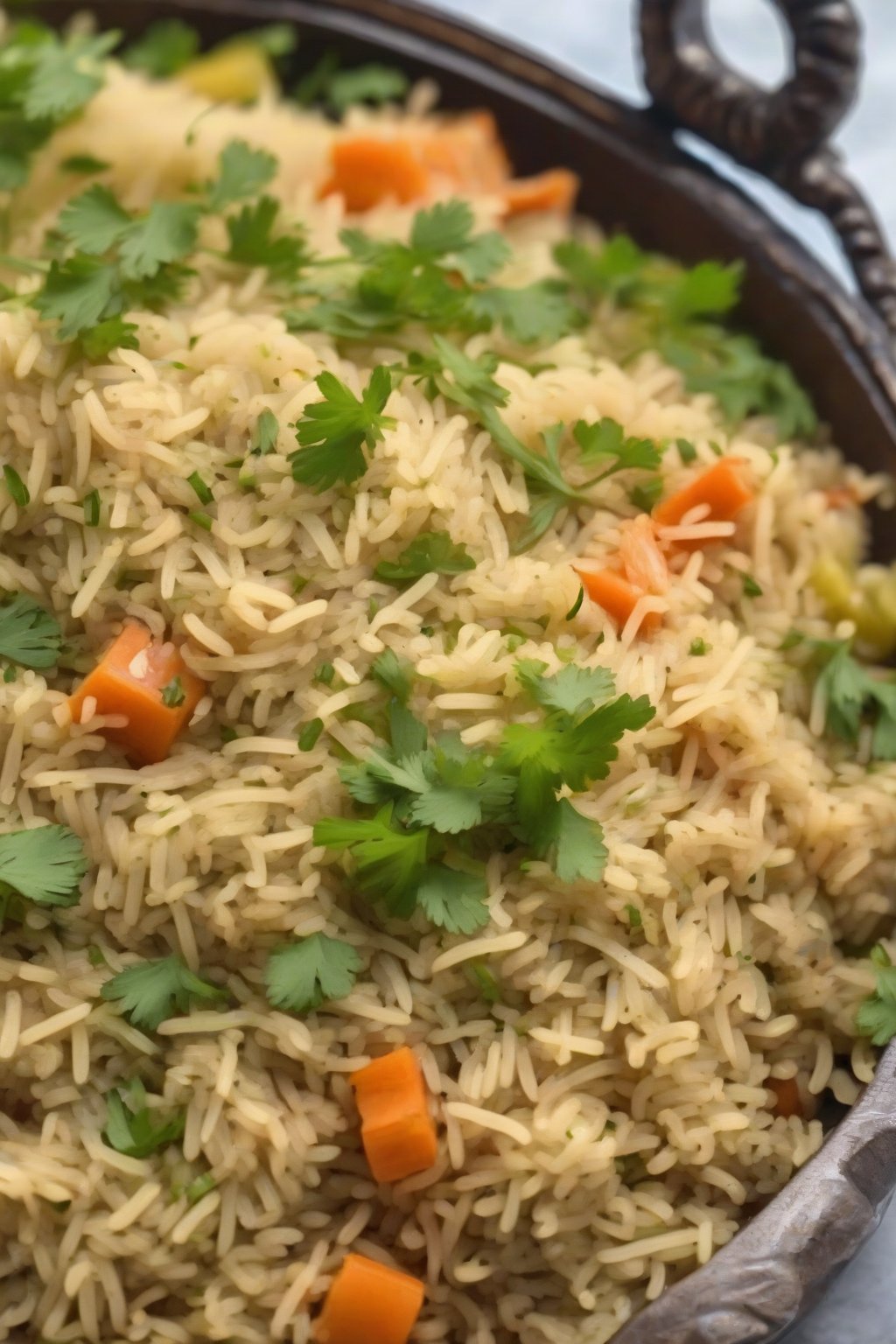 A close-up photo of steaming vegetable pulao garnished with fresh cilantro under soft lighting.