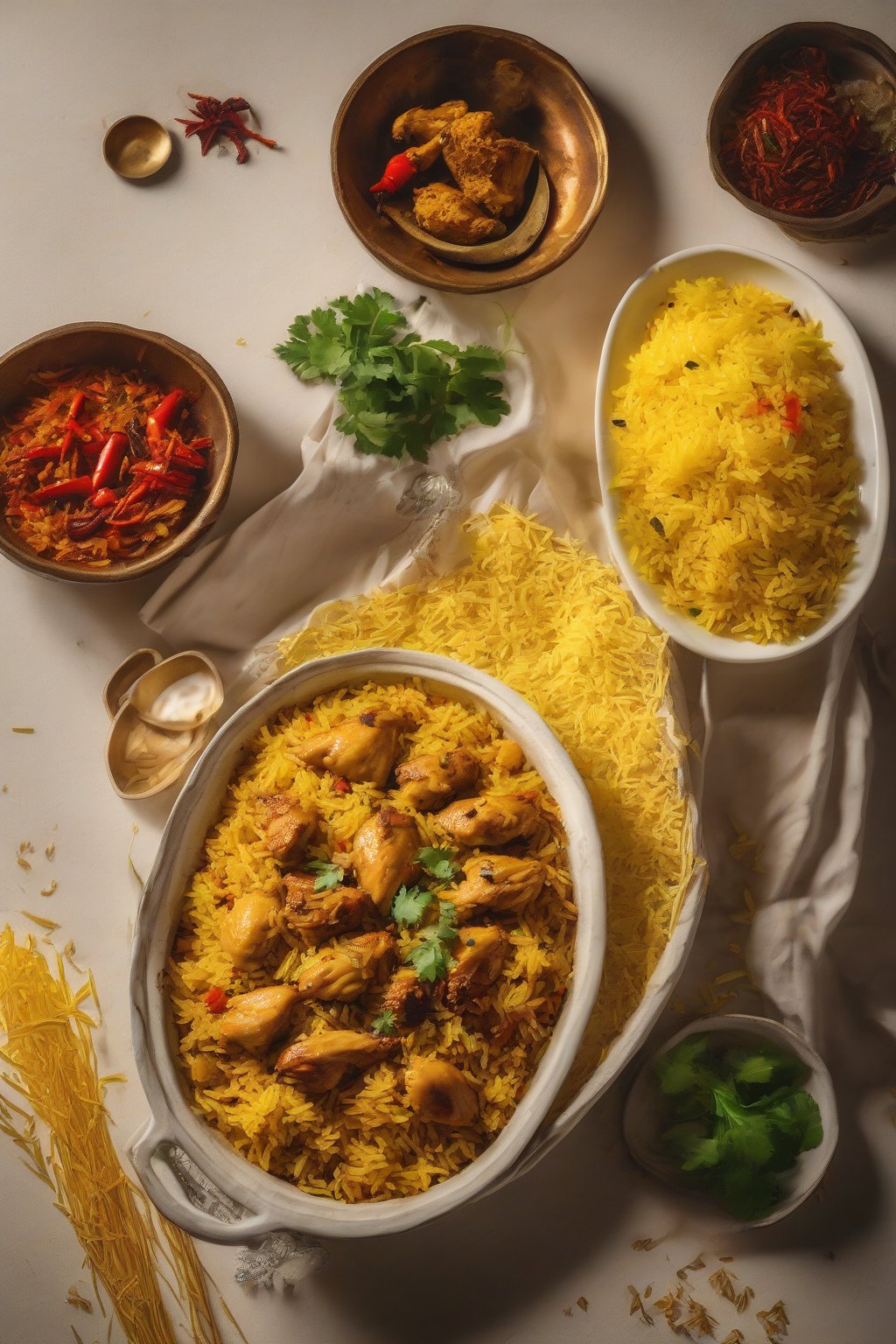 A close-up photo of spicy chicken pulao with golden rice and tender meat pieces under soft lighting.