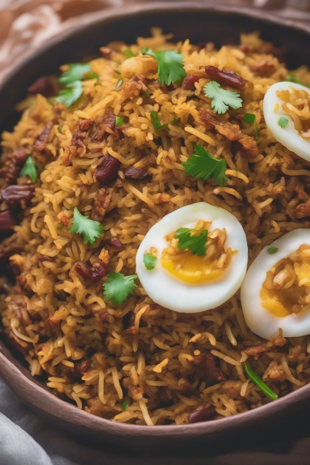 A close-up photo of lamb keema pulao topped with fried onions under soft lighting.