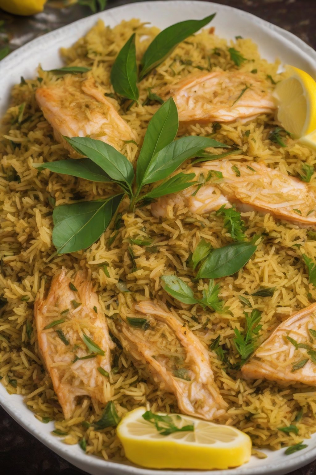 A close-up photo of flaky fish pulao with curry leaves and lemon wedges under soft lighting.