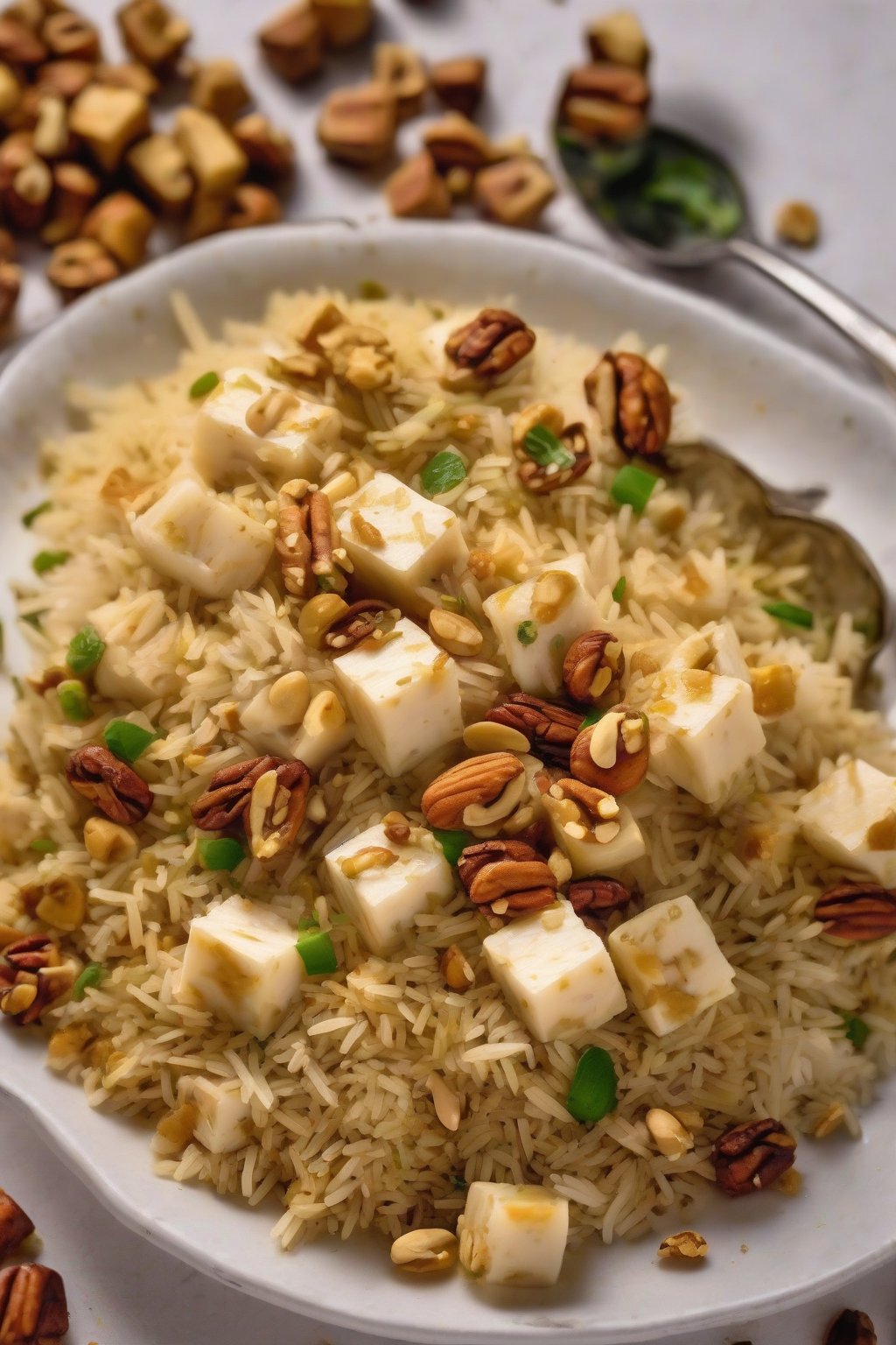 A close-up photo of paneer pulao with golden cubes and nuts under soft lighting.