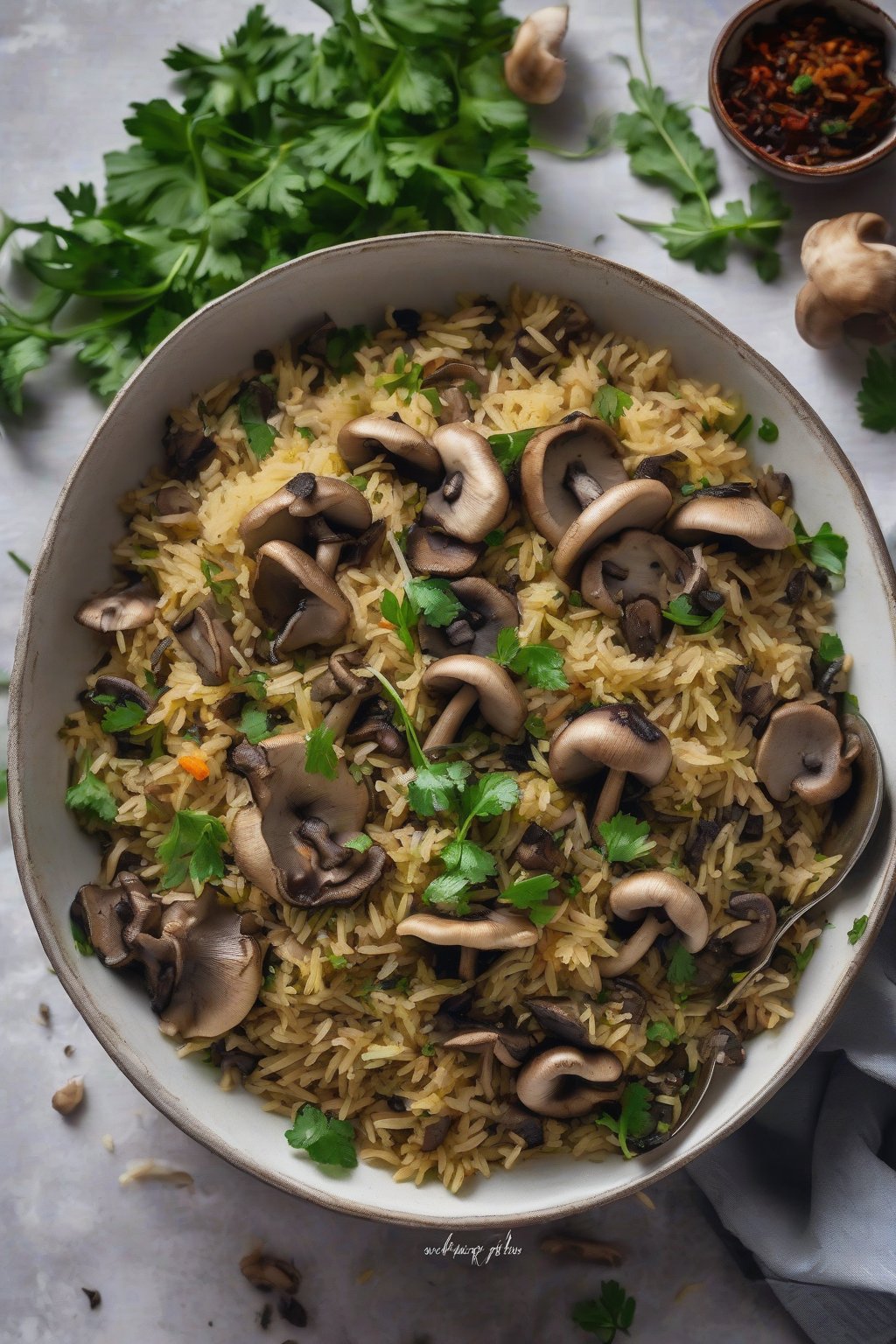 A close-up photo of mushroom pulao with wilted greens and herbs under soft lighting.