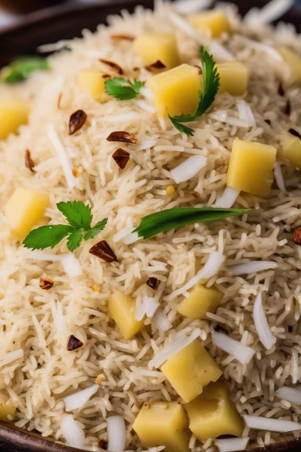 A close-up photo of coconut pulao with pineapple bits and toasted coconut under soft lighting.