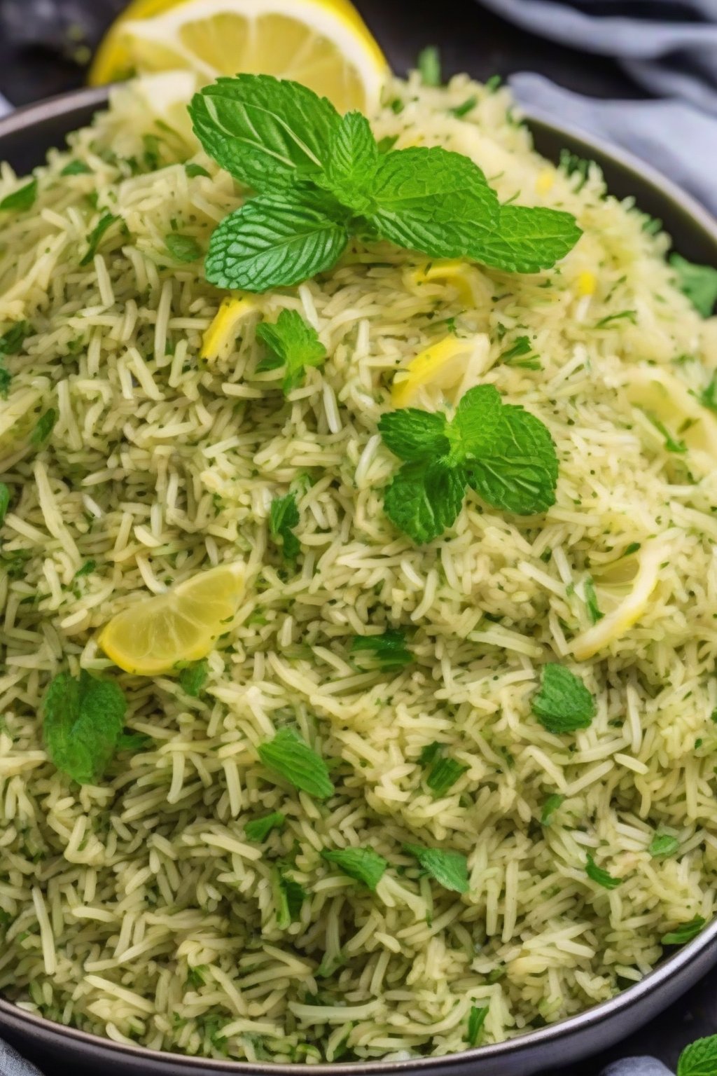 A close-up photo of vibrant green mint pulao garnished with lemon under soft lighting.