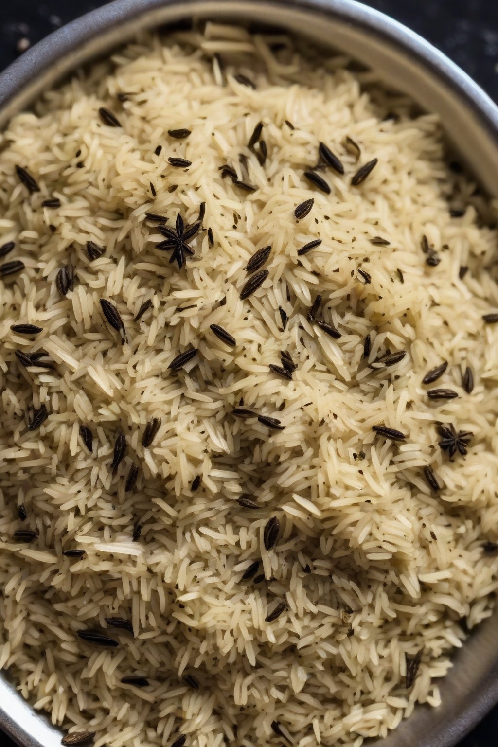 A close-up photo of jeera pulao with cumin seeds speckled throughout under soft lighting.