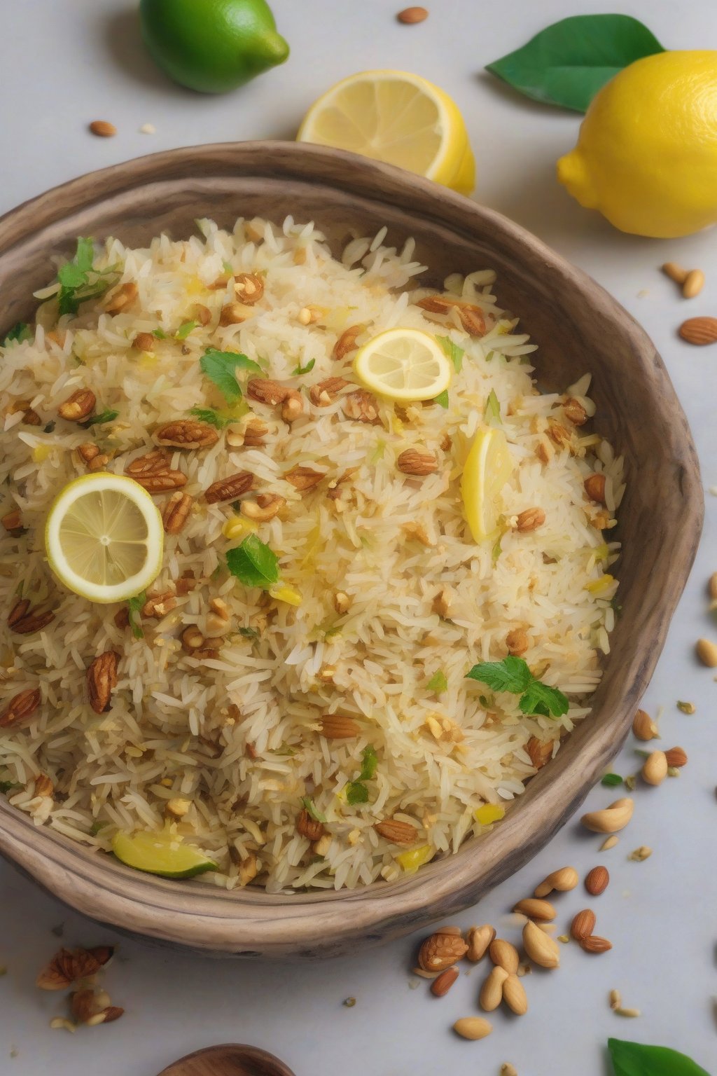 A close-up photo of lemon pulao with peanut crunch and citrus zest under soft lighting.