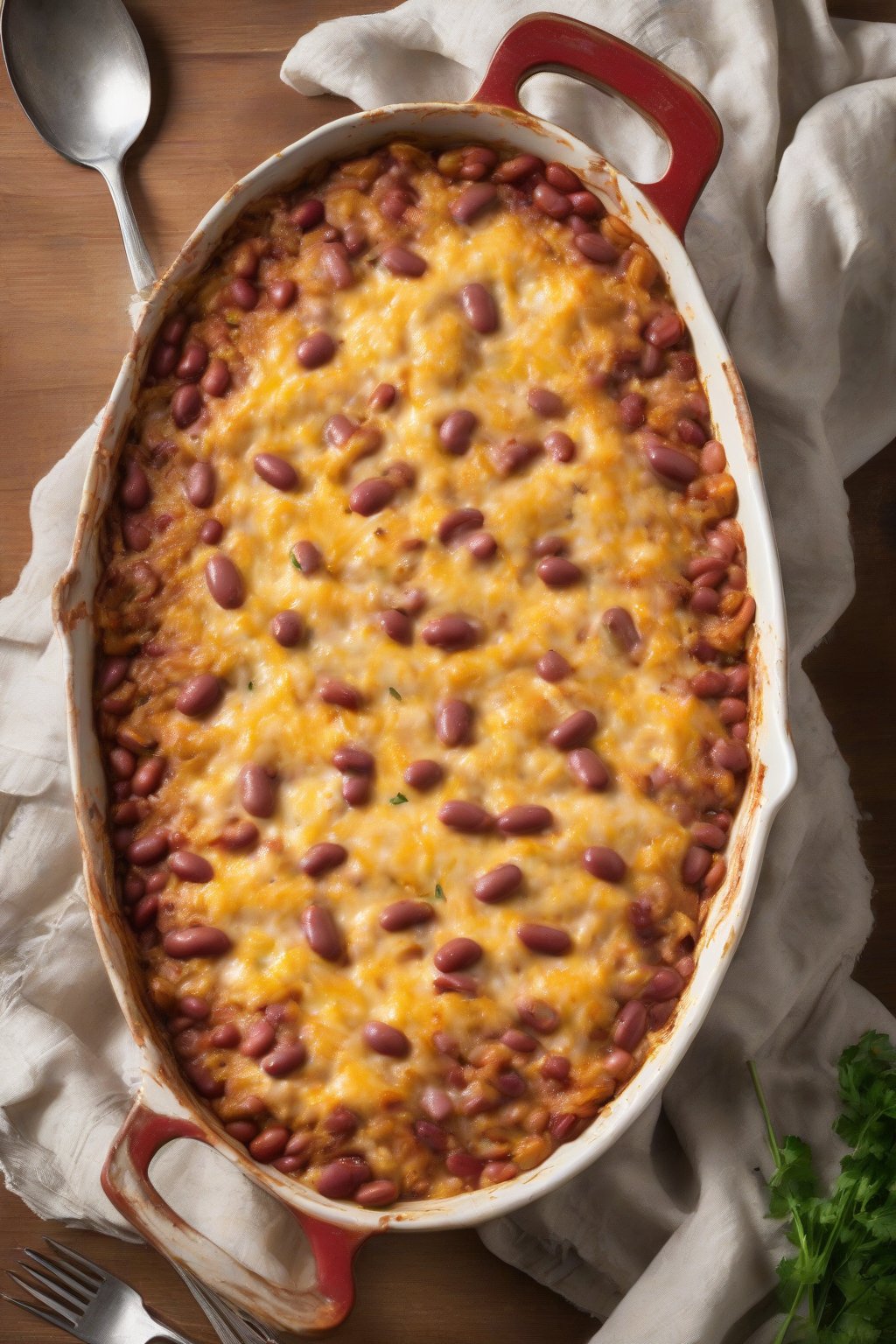 A high-resolution photo of cheesy baked red beans and rice casserole fresh from the oven, golden and bubbly, under soft lighting.