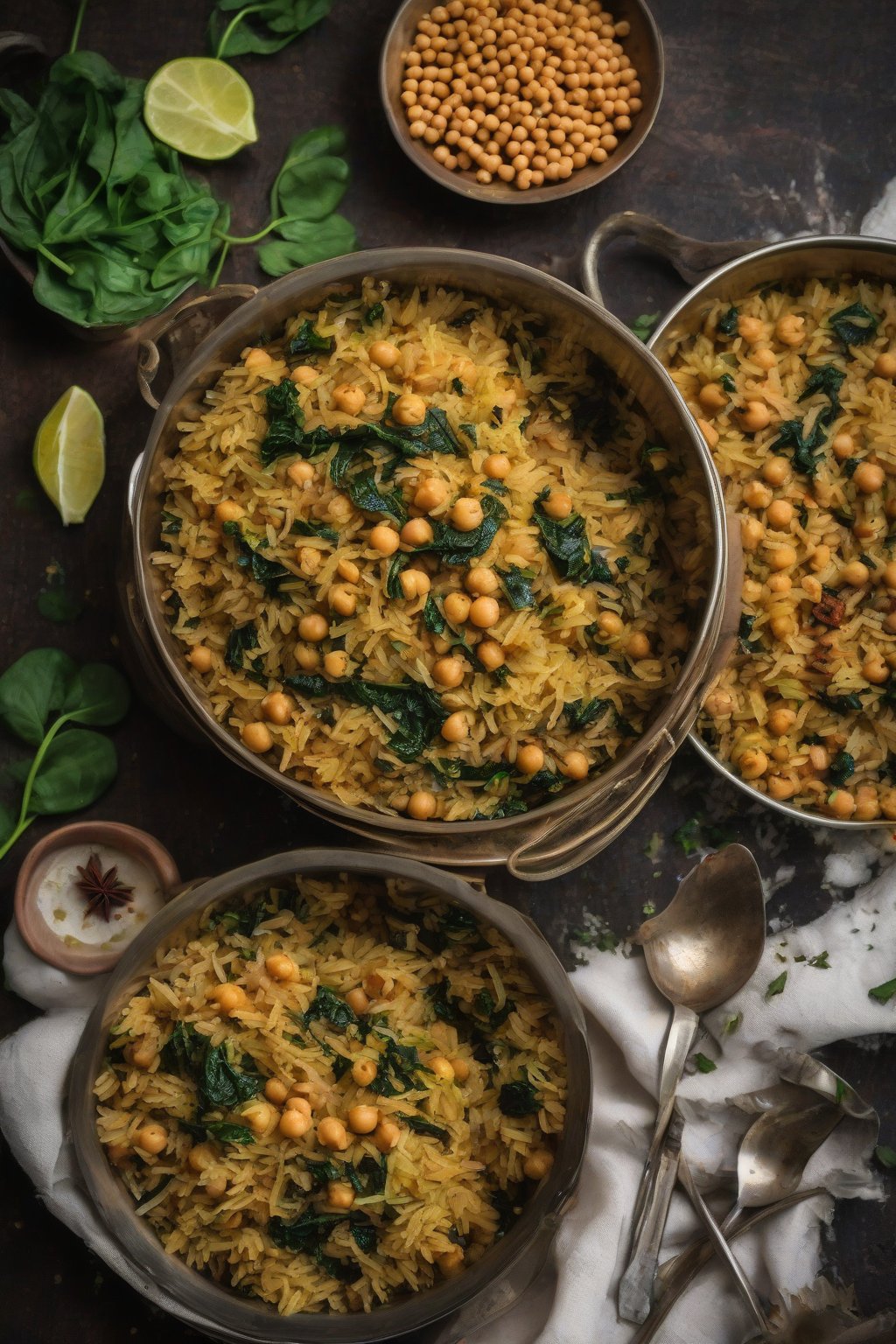 A close-up photo of chickpea pulao with wilted spinach and spices under soft lighting.
