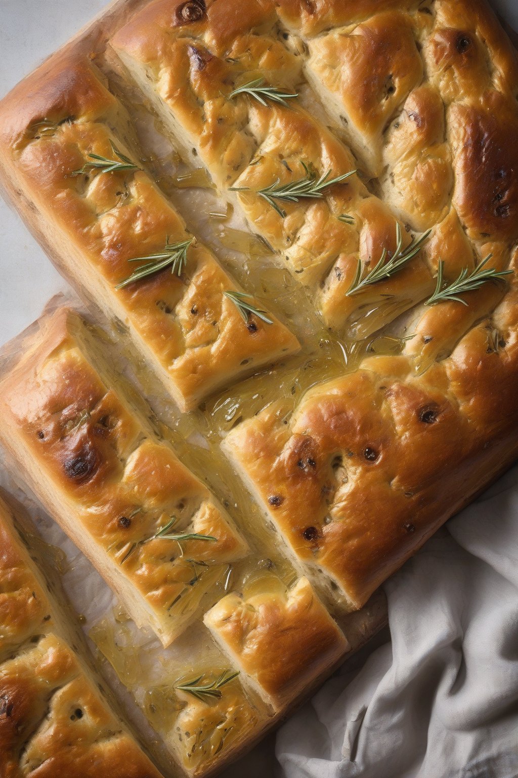 A high-resolution photo of golden Kalamata olive and rosemary sourdough focaccia, dimpled surface glistening with olive oil under soft lighting.