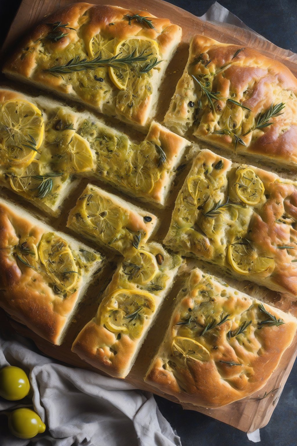 A high-resolution photo of vibrant green olive and lemon zest sourdough focaccia, fresh and aromatic under soft lighting.