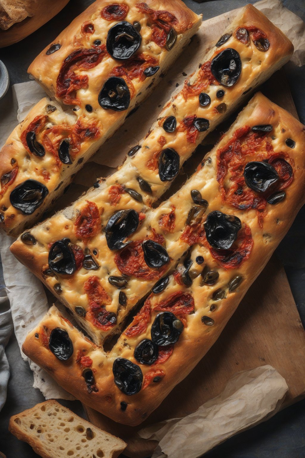A high-resolution photo of sun-dried tomato and black olive sourdough focaccia, juicy toppings on crusty bread under soft lighting.