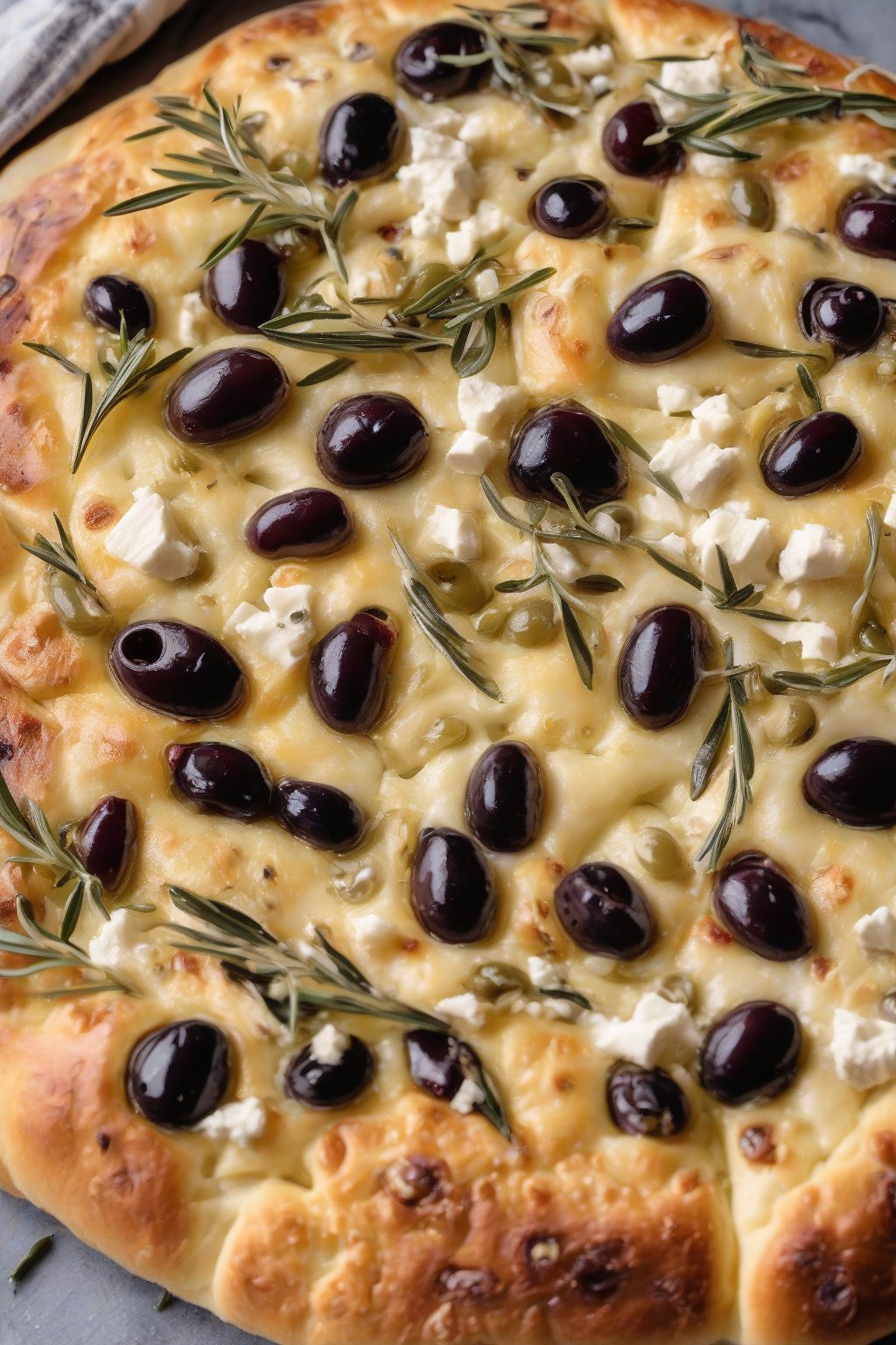 A high-resolution photo of feta cheese and olive medley sourdough focaccia, melty cheese atop olives under soft lighting.