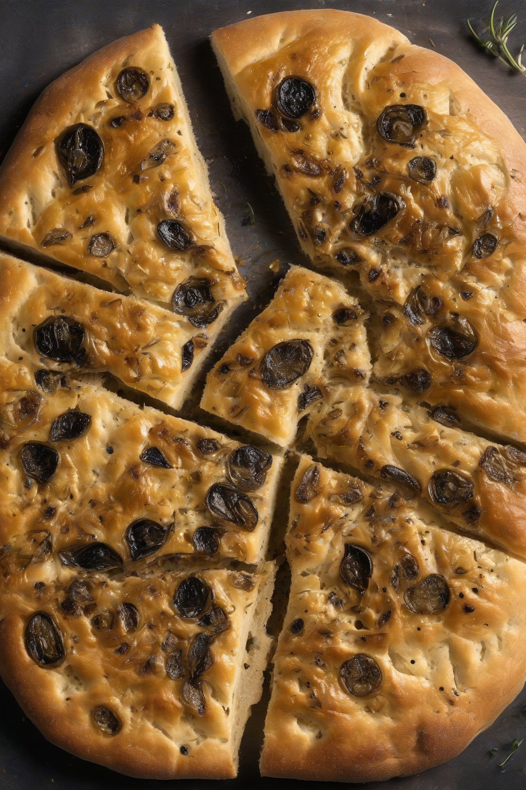 A high-resolution photo of garlic roasted olive sourdough focaccia, aromatic and golden under soft lighting.