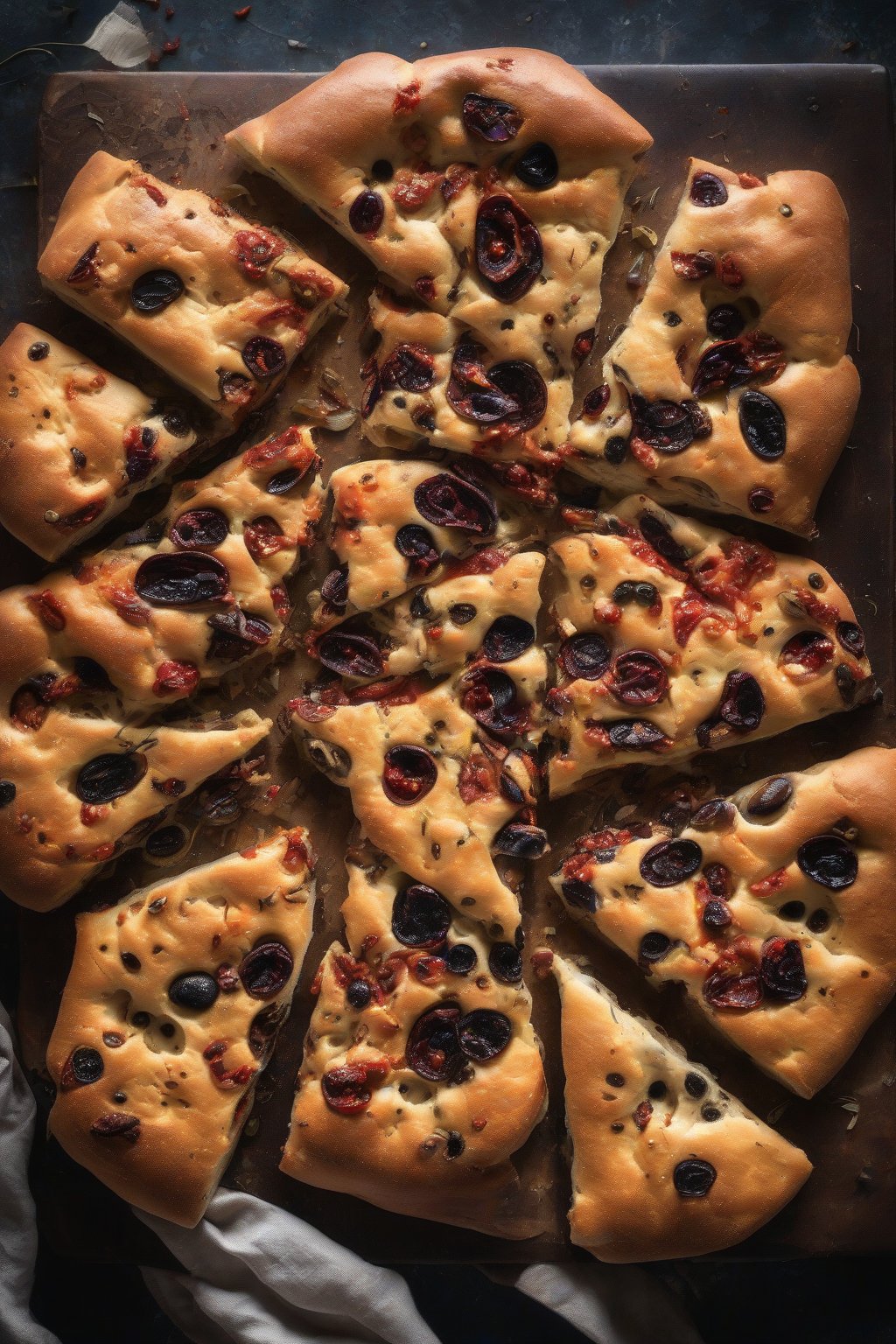 A high-resolution photo of spicy chili and Kalamata olive sourdough focaccia, red flecks on dark olives under soft lighting.
