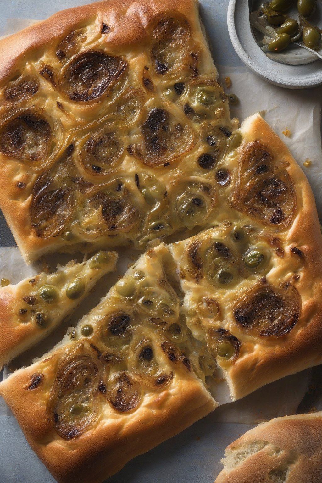 A high-resolution photo of caramelized onion and green olive sourdough focaccia, glossy toppings under soft lighting.