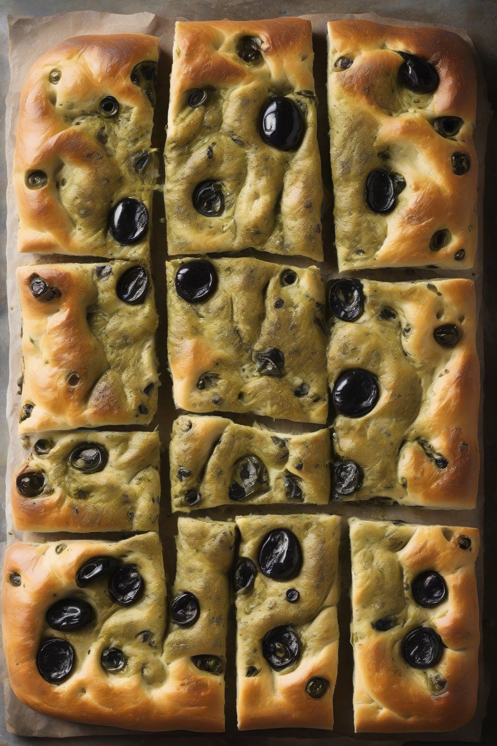 A high-resolution photo of pesto and black olive sourdough focaccia, green swirls with olives under soft lighting.