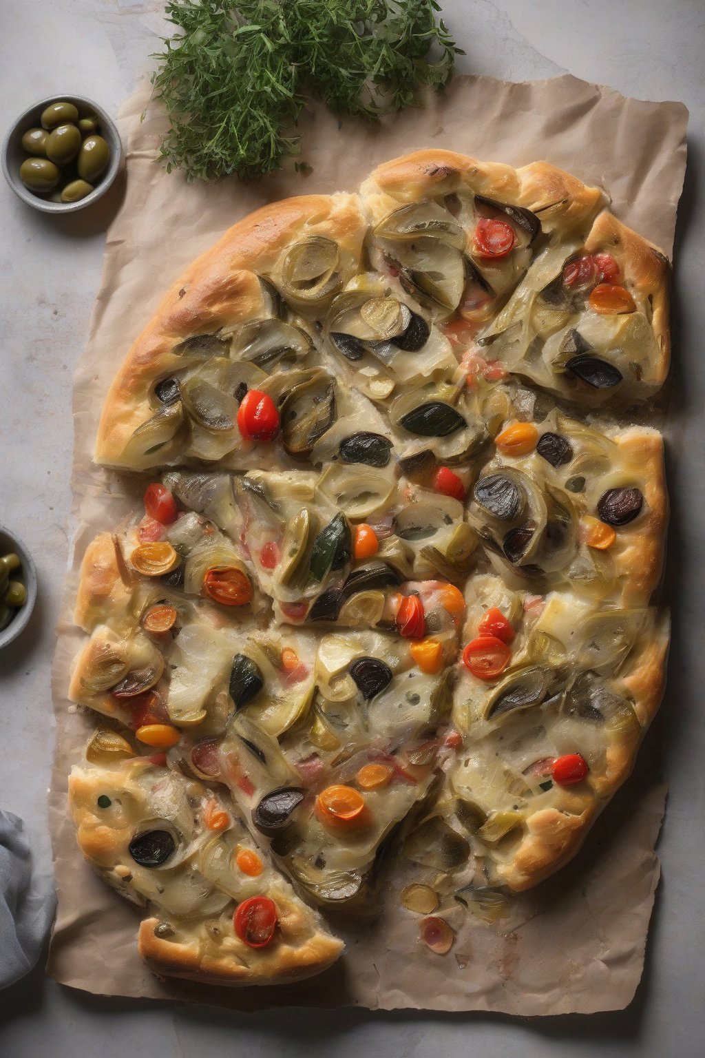 A high-resolution photo of artichoke heart and olive sourdough focaccia, chunky veggies on bubbly crust under soft lighting.