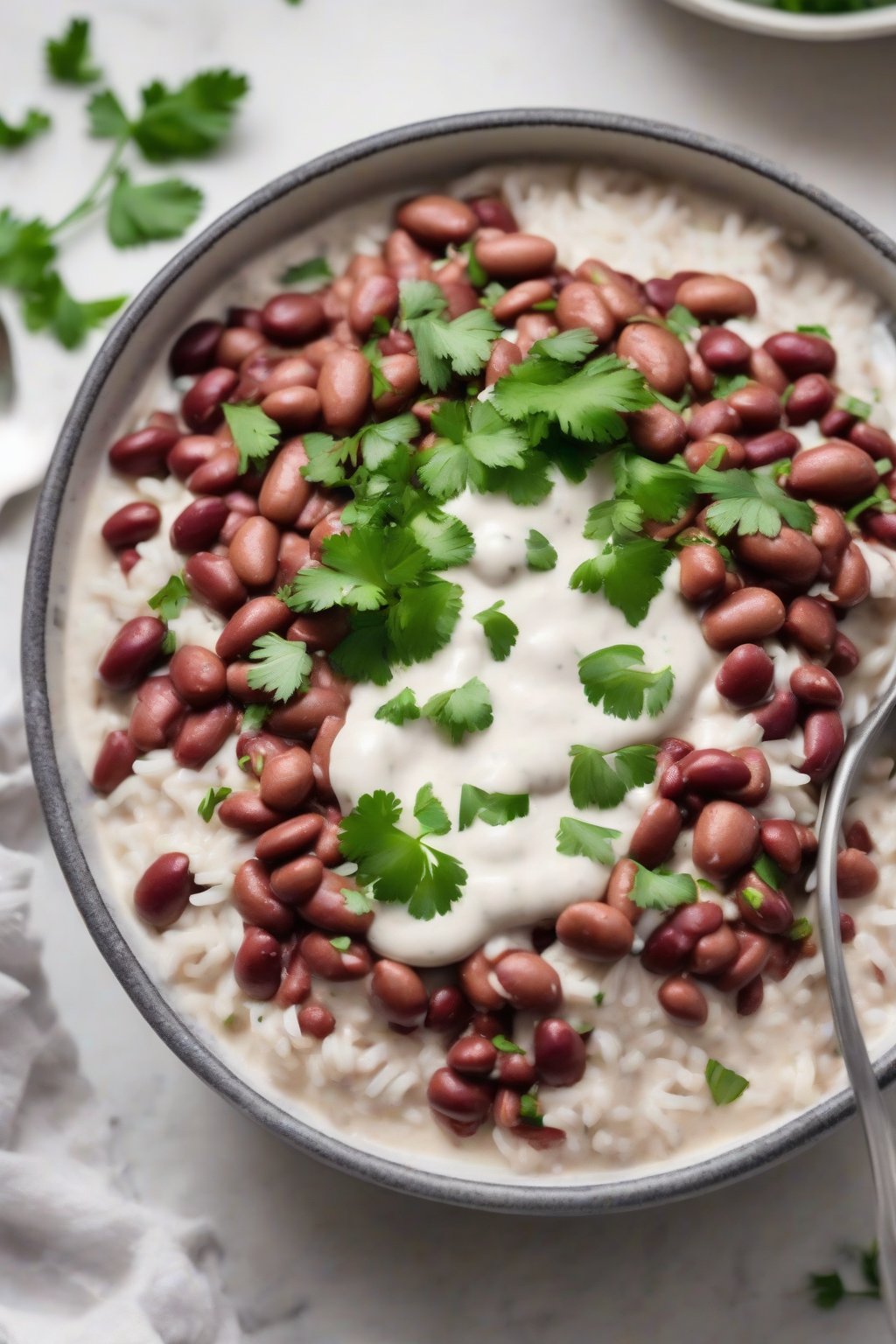 A high-resolution photo of coconut vegan red beans and rice with a creamy white sauce, topped with cilantro, under soft lighting.