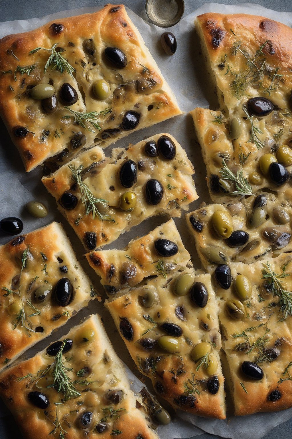 A high-resolution photo of herb-marinated olive and thyme sourdough focaccia, shiny olives under soft lighting.
