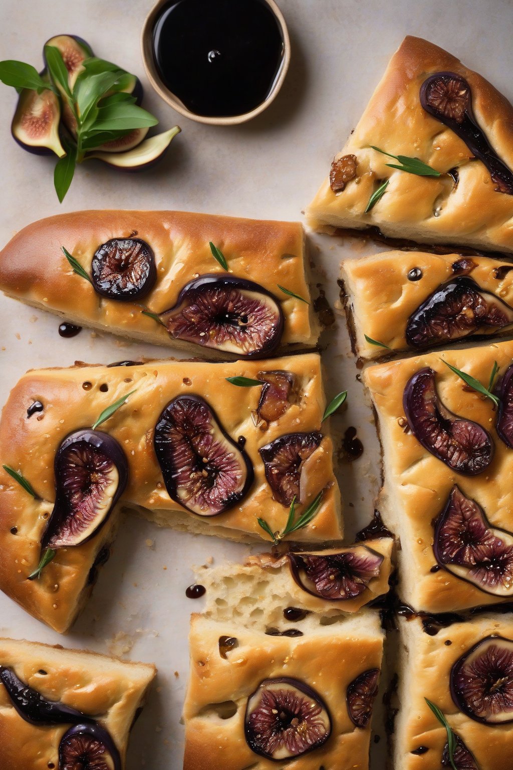 A high-resolution photo of fig and olive sourdough focaccia with balsamic glaze, sweet-savory shine under soft lighting.