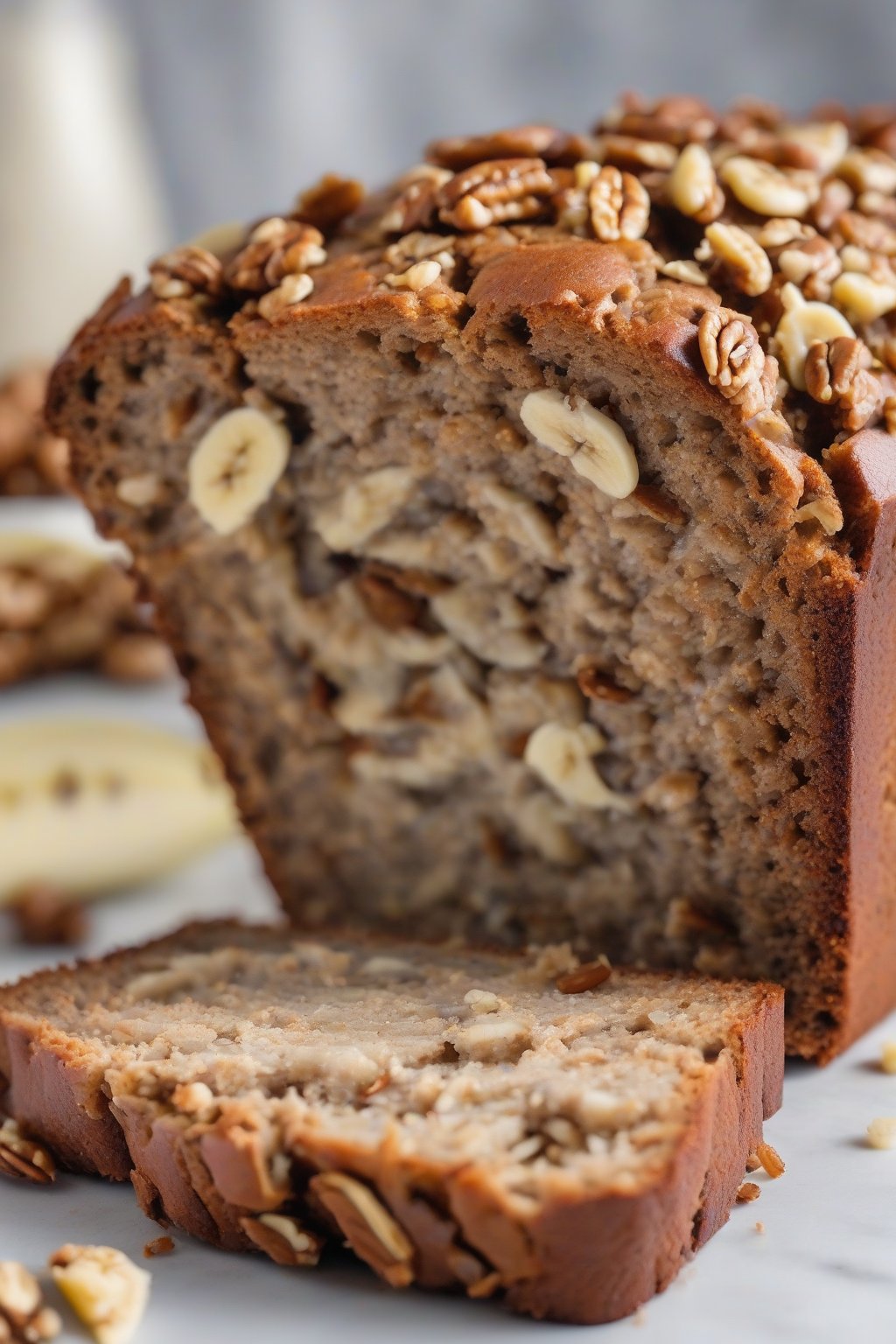 A close-up photo of a sliced loaf of classic walnut banana nut bread revealing chunky nut pieces under soft lighting.