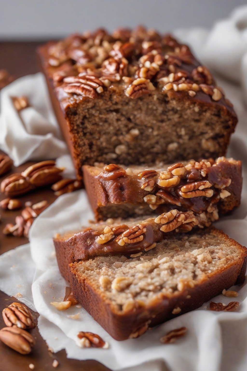 A close-up photo of pecan praline banana nut bread with a glossy brown sugar topping under soft lighting.